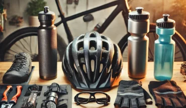 mesa com vários acessórios para ciclista como capacete, luvas, garrafas, óculos, entre outros.