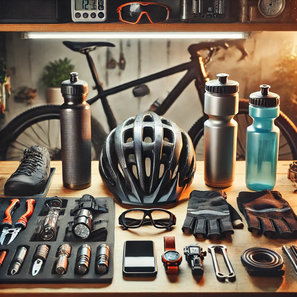 mesa com vários acessórios para ciclista como capacete, luvas, garrafas, óculos, entre outros.